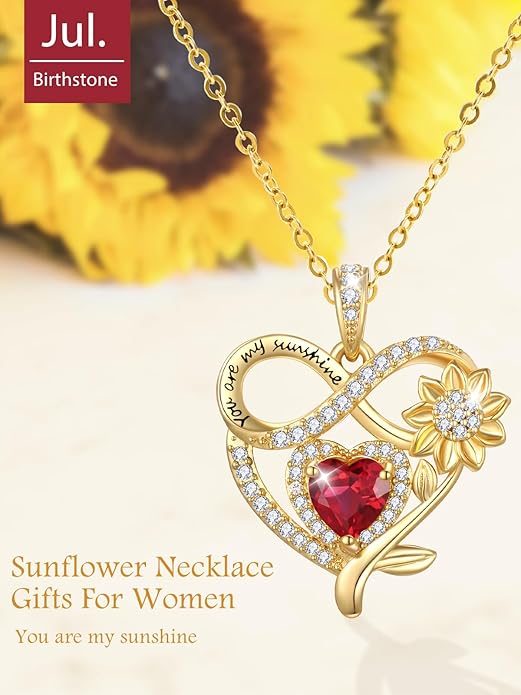 14K Gold Sunflower Heart Necklace for Women, You Are My Sunshine Jewelry with Birthstone Pendant, Anniversary Birthday Gifts for Her Wife Mom Grandma Daughter