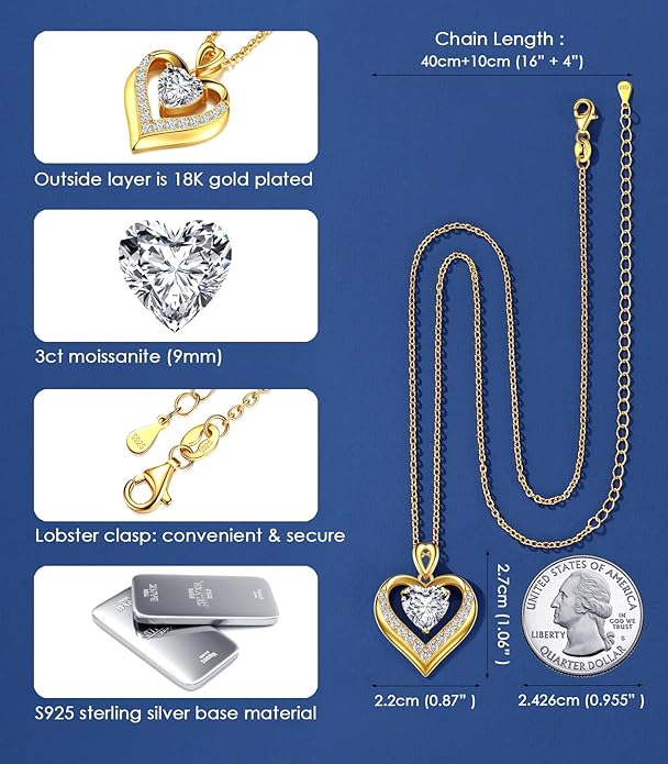 Beam & Bask 2-3 Ct Moissanite Double Heart Pendant Necklaces for Wife, 18K Gold Plated S925 Silver Jewelry for Women Girlfriend Mom Her on Anniversary Birthday
