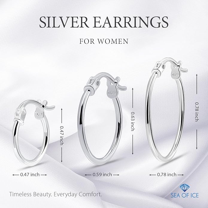 SEA OF ICE 925 Sterling Silver Hoop Earrings for Women - Hypoallergenic Earrings for Women in Sterling Silver, Yellow Gold, Rose Gold or Black Rhodium | Sizes 12MM, 15MM, 20MM or Multipack