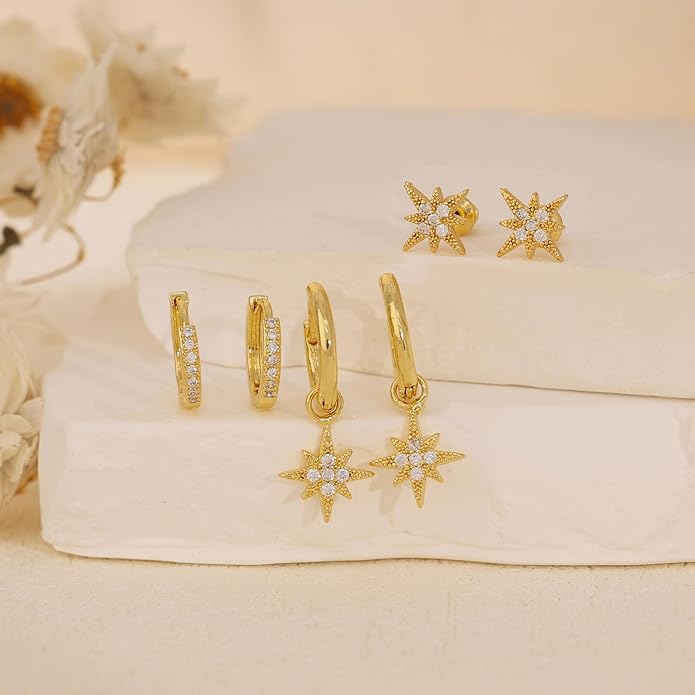 Gold Plated Earrings for Women, 14k Gold Plated Earring Stack Hypoallergenic Pearl Drop Earring Dainty Earrings for Women Trendy Cute Small Huggie Hoop Earring Fashion Womens Jewelry
