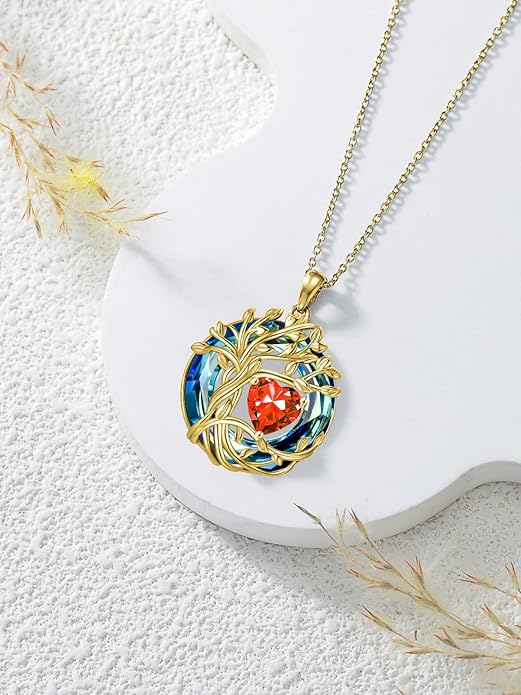 TOUPOP Christmas Gifts Tree of Life Birthstone Necklace 925 Sterling Silver Pendant Austrian Crystal Jewelry Anniversary Birthday Gifts for Women Mom Her Wife