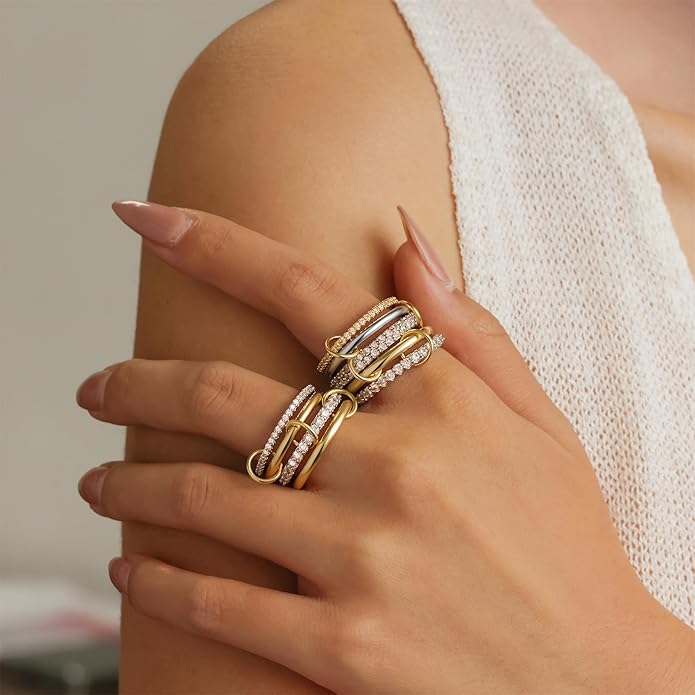 FUSAHURIY 2PCS Gold Stackable Rings Set for Women, 14K Gold Plated Interlocking Linked Rings with Cubic Zirconia, Gold Silver Mixed Metal Stackable Ring, Statement Jewelry Gifts