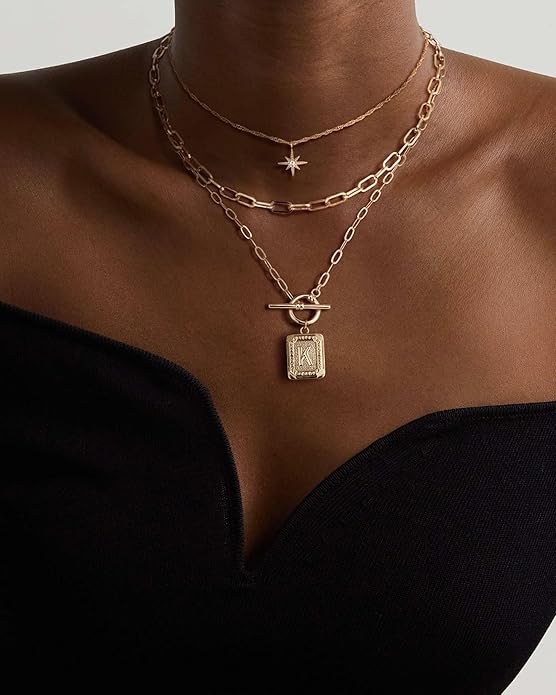 MJartoria Layered Initial Necklaces for Women Trendy, 14K Gold Plated Brass Simple Star Choker Square Letter Pendant Necklace, Paperclip Chain Necklaces Jewelry Gifts