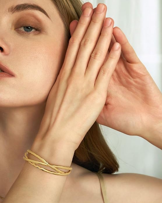 Gold Cuff Bracelet for Women Chunky Multi-layer Cross Wire Open Bracelet Hollow Wide Cuff Bracelets Adjustable Gold Open Cuff Bangle Bracelet