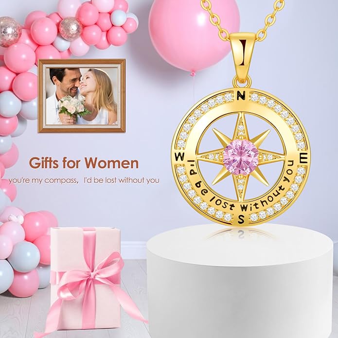 Zifeel Compass Necklace Gifts for Women wife - S925 Sterling Silver Birthstone Necklaces for Women - Anniversary Birthday Gifts for Her Wife Girlfriend - Valentines Mom Mothers Day Christmas Gifts Jewelry for Women