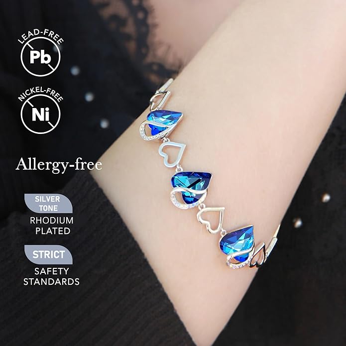 Leafael Infinity Love Heart Link Bracelets, Birthstone or Healing Stone Crystal Bracelet for Women, Silver Tone Jewelry Gifts for Her, 7-inch Chain and 2-inch Extender