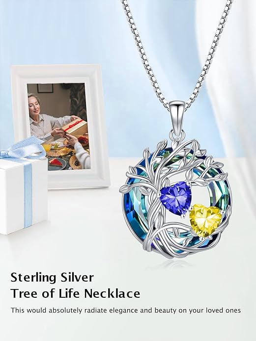 TOUPOP s925 Sterling Silver Family Celtic Tree of Life Pendant Necklaces with 2 Heart Birthstone with Blue Austrian Crystal Jewelry Birthday Anniversary Christmas Gifts for Her Wife Girlfriend Mom (18K Real White Gold Filled)