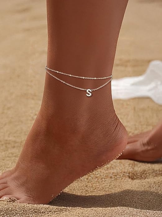 FaithHeart Initial Ankle Bracelets for Women, Waterproof 14k Gold Plated Initial Anklets Non Tarnish Stainless Steel Layered Anklet Summer Beach Foot Jewelry