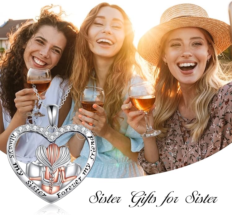 POPKIMI 925 Sterling Silver Sister Necklace - Birthday Gift for Sisters, Mom, Daughter - Always My Sister Forever My Friend Crystal Necklace for 2/3/4/5 Sisters