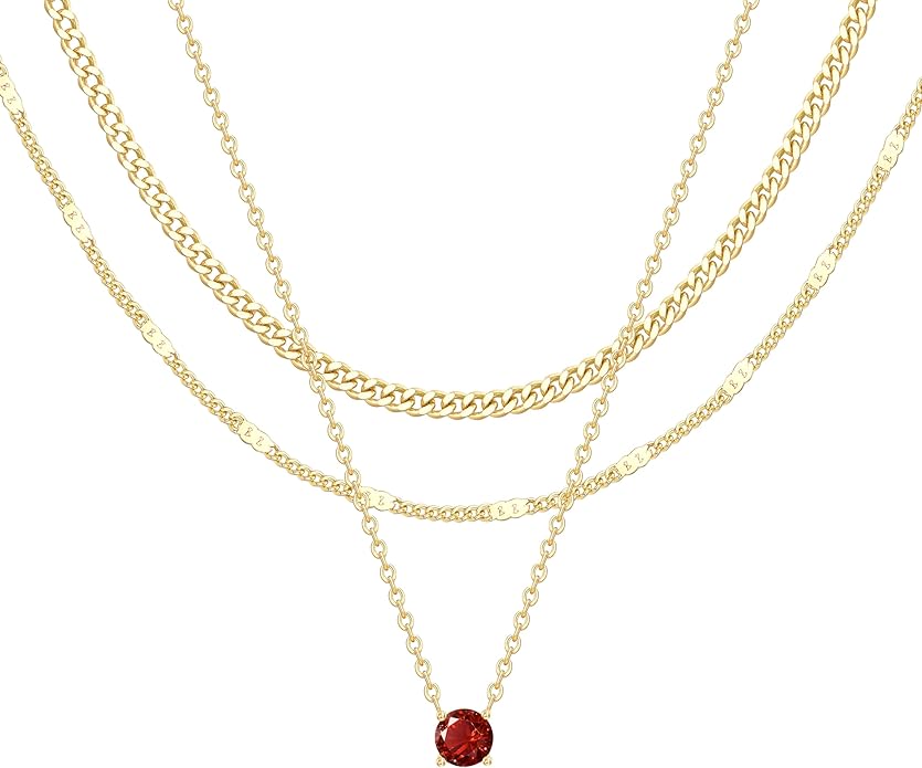 WomenGifts Layered Gold Necklaces for Women, 14K Gold Sterling Silver Plated Dainty Pendant Necklace Set with Cubic Zirconia Circle, Chunky Stackable Cuban Chain Choker, Trendy Personalized Birthstone Jewelry Gift Non Tarnish