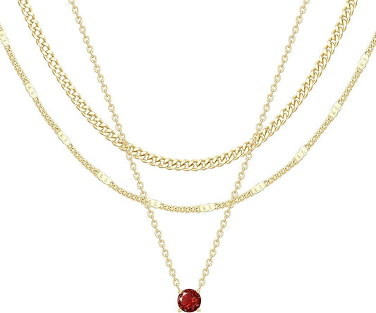 WomenGifts Layered Gold Necklaces for Women, 14K Gold Sterling Silver Plated Dainty Pendant Necklace Set with Cubic Zirconia Circle, Chunky Stackable Cuban Chain Choker, Trendy Personalized Birthstone Jewelry Gift Non Tarnish