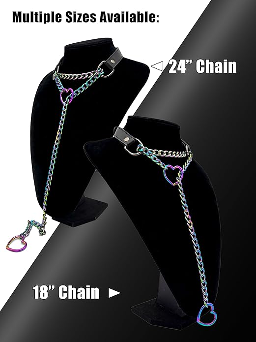 Black Leather Choker Collar For Women, Handmade Heart Slip Chain Choker Long Necklace with Adjustable Buckle