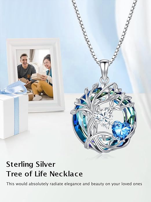 TOUPOP s925 Sterling Silver Family Celtic Tree of Life Pendant Necklaces with 2 Heart Birthstone with Blue Austrian Crystal Jewelry Birthday Anniversary Christmas Gifts for Her Wife Girlfriend Mom (18K Real White Gold Filled)