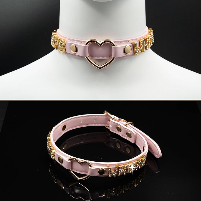 Handmade Gold Heart O-Ring Letter Choker Necklace for Women, Adjustable PU Leather Black/Pink Choker Collar For Women, Goth Choker Collars Necklace