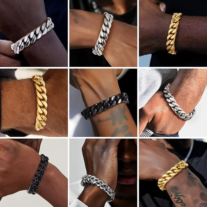 ChainsHouse Stainless Steel Cuban Link Bracelet for Men, 5mm/7mm/9mm/12mm Width, 7.5"/8.3"/9" Length, Black/18K Gold Plated Chain Wrist Bracelets for Men, with Gift Box