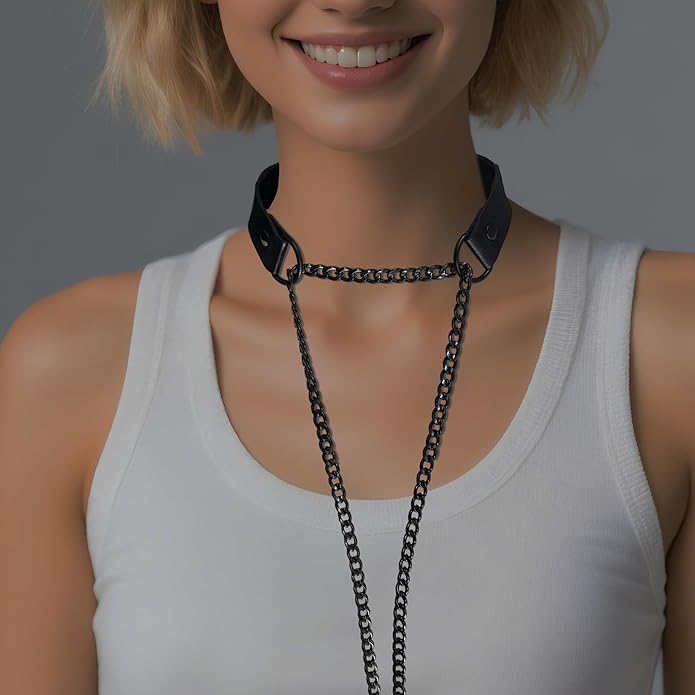 Handmade Black Heart Choker Collar For Women - Gothic Punk O-Ring Choker Necklace with Adjustable Vegan Leather Strap, Edgy Slip Chain