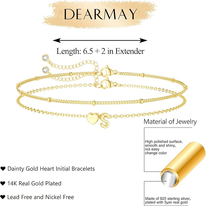 DEARMAY Dainty Initial Heart 14K Gold Plated Bracelets for Women Trendy, Letter Charm Bracelet Jewelry Cute Simple Fashion Chain Gift