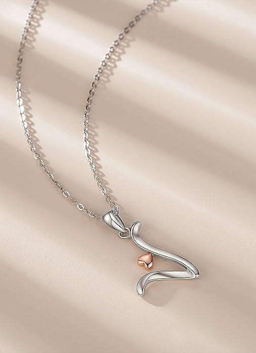 CELESTIA 925 Sterling Silver Initial Necklaces 26 Letter with Rose Gold Heart - 18 Inch Chain
