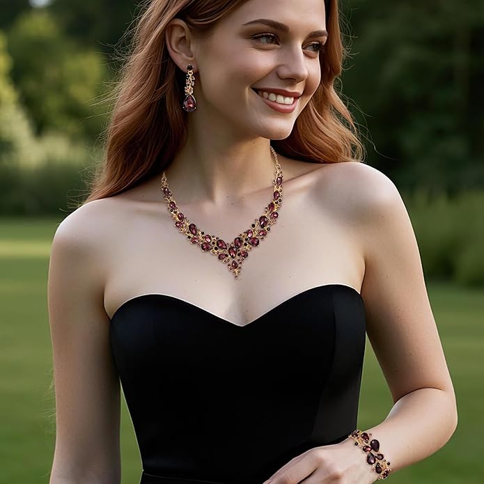 BriLove Wedding Bridal Jewelery for Women Austrian Crystal Teardrop Cluster Statement Necklace Dangle Earrings Link Bracelet Set