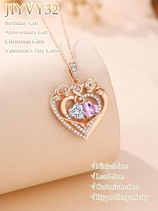 JIYVY32 Rose Heart Necklace for Women Exquisite 925 Sterling Silver Anniversary Birthday Gifts for Wife Mom Her Double Birthstone Pendant Jewelry