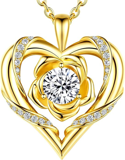 Beam & Bask Rose Flower Heart Moissanite Necklaces for Wife, S925 Silver Pendant for Women, 18K Gold Plated Jewelry for Her Girlfriend Mom for Anniversary Birthday