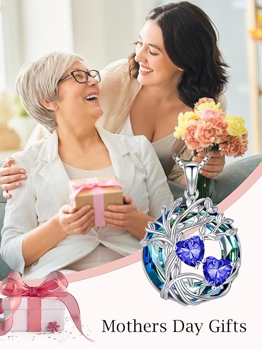 TOUPOP s925 Sterling Silver Family Celtic Tree of Life Pendant Necklaces with 2 Heart Birthstone with Blue Austrian Crystal Jewelry Birthday Anniversary Christmas Gifts for Her Wife Girlfriend Mom (18K Real White Gold Filled)
