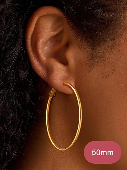 FOCALOOK 14K Gold Plated Lightweight Large Hoops| 2mm Thin Hoop Earrings for Women 30/40/50/70/100mm