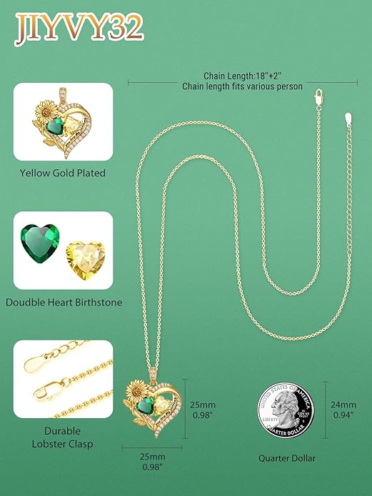 Sunflower Heart Necklace for Women 14K Gold Exquisite Anniversary Birthday Gifts for Wife Mother Her Double Birthstone Pendant jewelry‘You Are My Sunshine’