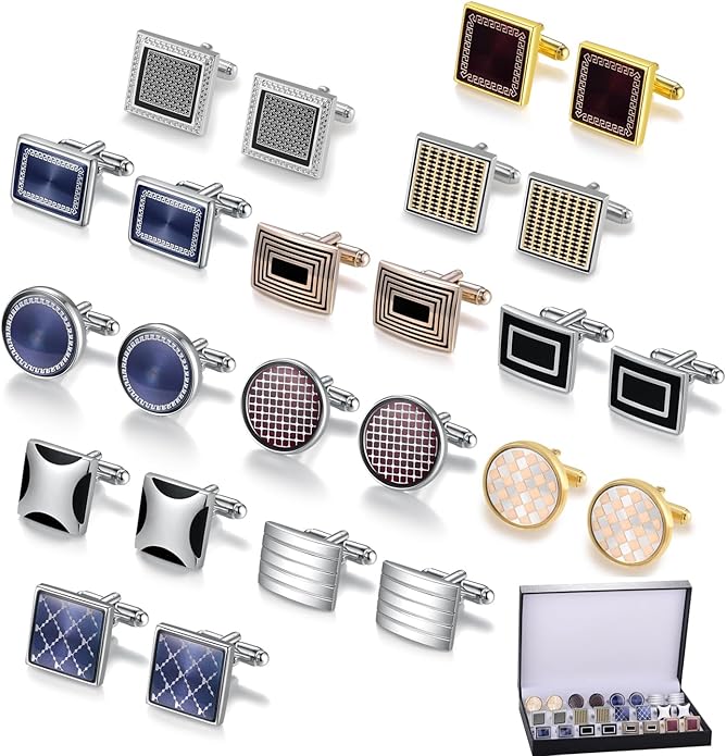 Cufflinks Set 12 Pairs Cuff Links Mens-Fashion Cufflinks for Men-Classic Silver-tone Gold-tone Cuff links for Business Wedding Party Gift Box