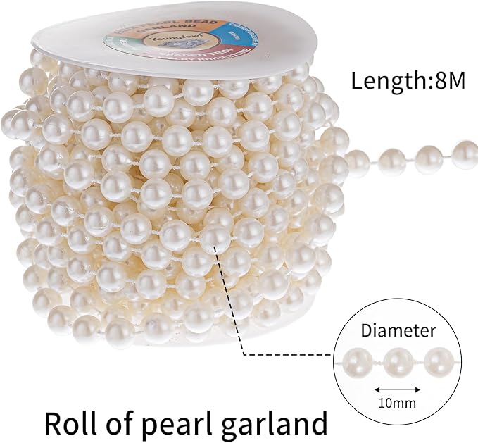 YoungJewl 10mm Pearl Strands,9 Yds of Lvory Fake Beads Garland Spool Roll with Stringed Pearls for Crafting,Wedding Party,Christmas Tree Decoration.