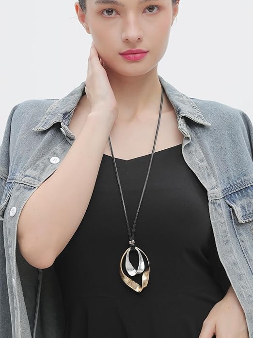Long Boho Necklaces for Women Vintage Leather Wooden Pendant Y Choker Ethnic Style Gold Circle Hippie Sweater Necklace