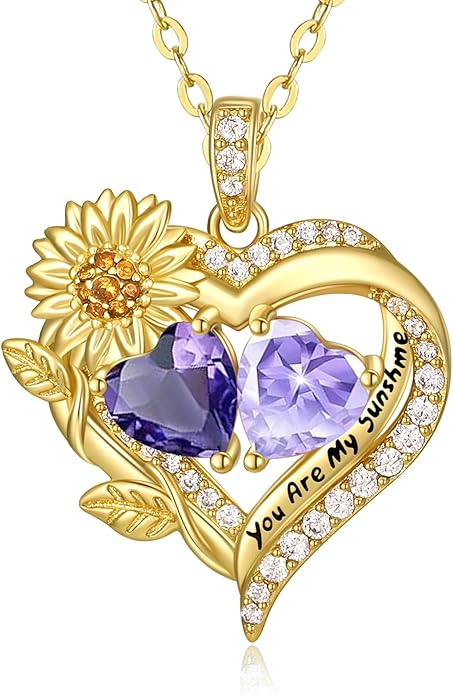 Sunflower Heart Necklace for Women 14K Gold Exquisite Anniversary Birthday Gifts for Wife Mother Her Double Birthstone Pendant jewelry‘You Are My Sunshine’