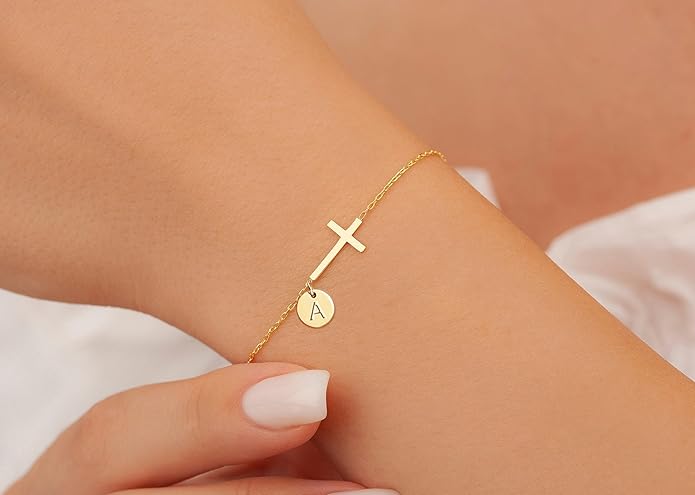Sotcking Stuffers for Teens, Cross Bracelet for Women Dainty Cross Bracelet with Initials Link Chain Bracelets Christian Gifts for Women Teens Easter Baptism Religious Jewelry