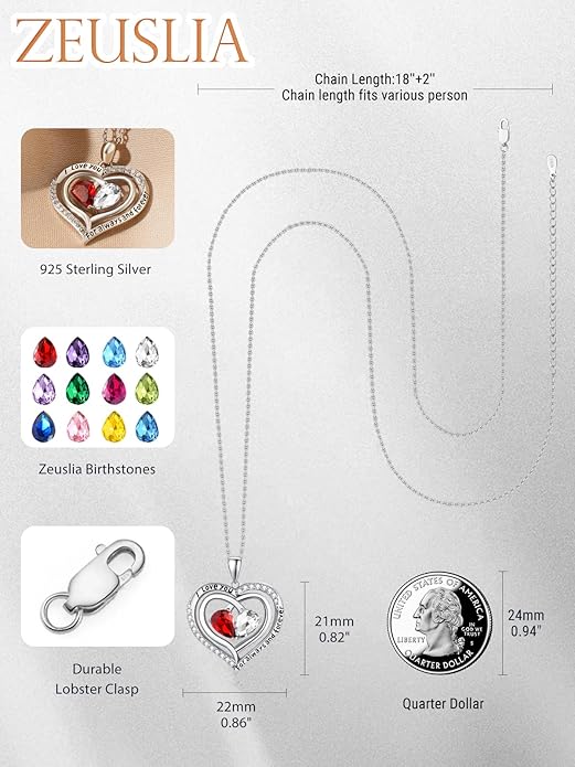 Zeuslia Double Birthstone Necklace Gifts for Wife - 925 Sterling Silver Sunflower/Rose/Crown Cross/Compass/Heart Pendant I Love You Necklace, Anniversary Birthday Gifts for Wife Girlfriend Mom Her