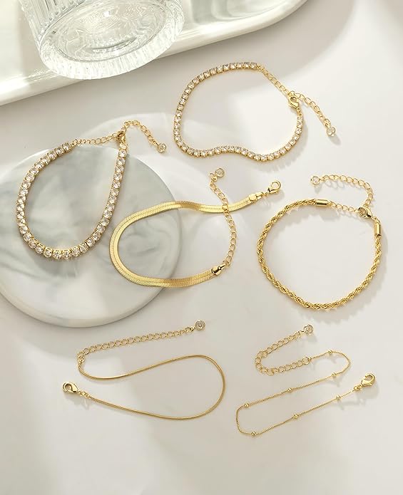 Gold Bracelets for Women 14K Gold Plated Stack Trend Bracelets Charm Paperclip Chain Cuban Link Layered Waterproof Bracelet Dainty Bracelet for Women Jewelry Gifts