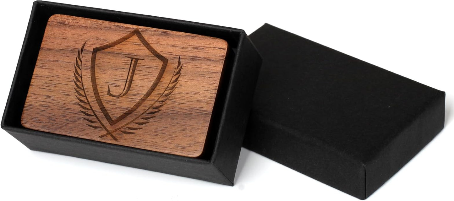 Mens Initial Cufflinks and Tie Clip A-Z Alphabet Letter Black Stainless Cuff Links Tie Bar with Engraved Walnut Wood Box Groom Groomsman Wedding Set