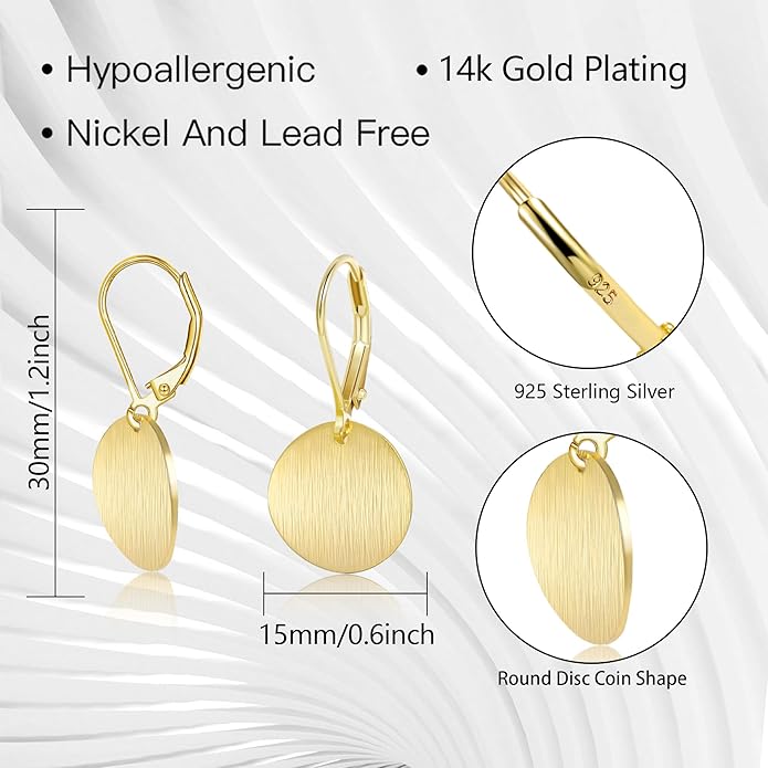 14K Gold Dangle Earrings for Women，Lightweight Circle Disc Coin Geometric Flat Brushed Drop Earrings, Hypoallergenic Leverback Earrings S925 Jewelry