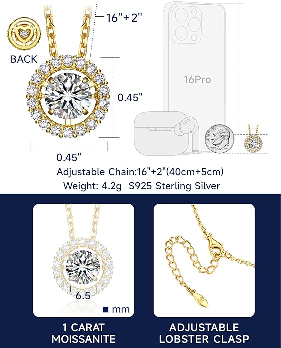 MomentWish Floating Necklace for Women, 0.5/1 Carat Dancing Moissanite Necklace for Her 925 Sterling Silver Pendant Anniversary Birthday Christmas Gift for Wife Mom Girlfriend