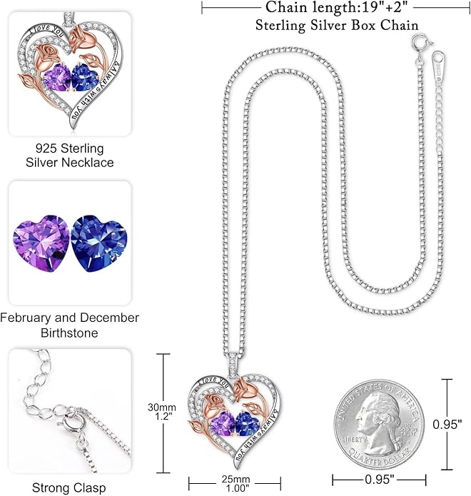 Iefil Birthstone Necklace for Women - 925 Sterling Silver Rose Heart Birthstone Necklace Birthday Anniversary Jewelry Gifts for Her Wife Mom Daughter