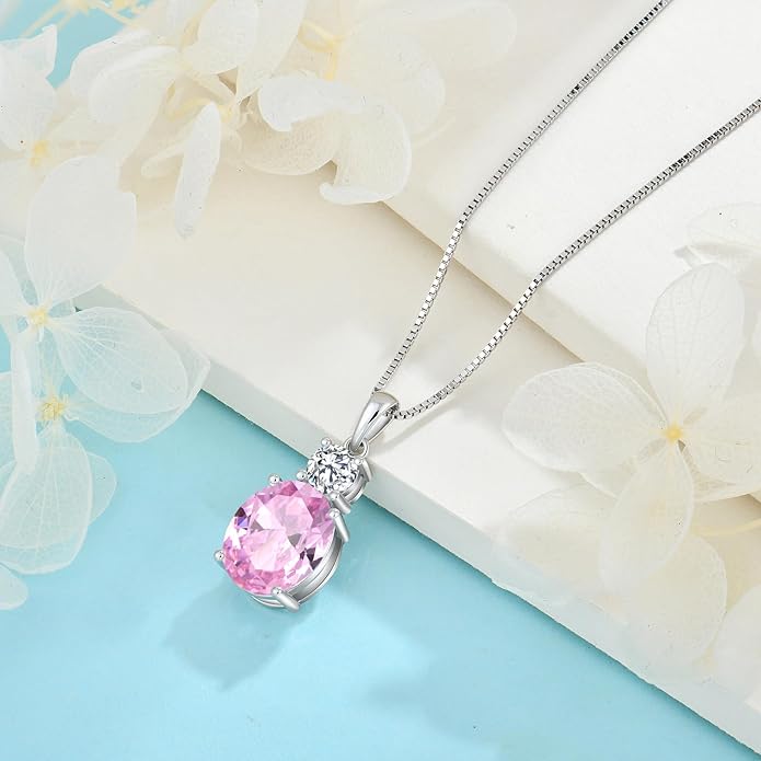Birthstone Necklace for Women 925 Sterling Silver Oval Cut Cubic Zirconia Pendant Jewelry Gifts for Her