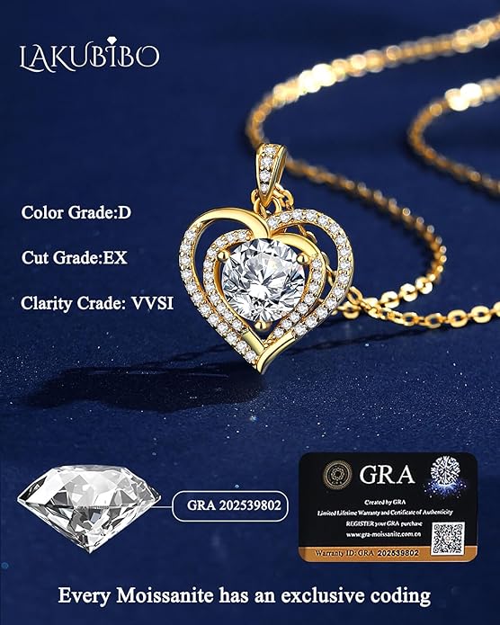 Moissanite Heart Necklaces,1-2 Carat Moissanite Necklace, Pendant Necklace Engraved with 'I LOVE YOU,Wedding Gifts,Birthday Gifts for Her,Jewelry Gifts for Christmas Valentine's Day