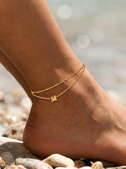 FaithHeart Initial Ankle Bracelets for Women, Waterproof 14k Gold Plated Initial Anklets Non Tarnish Stainless Steel Layered Anklet Summer Beach Foot Jewelry