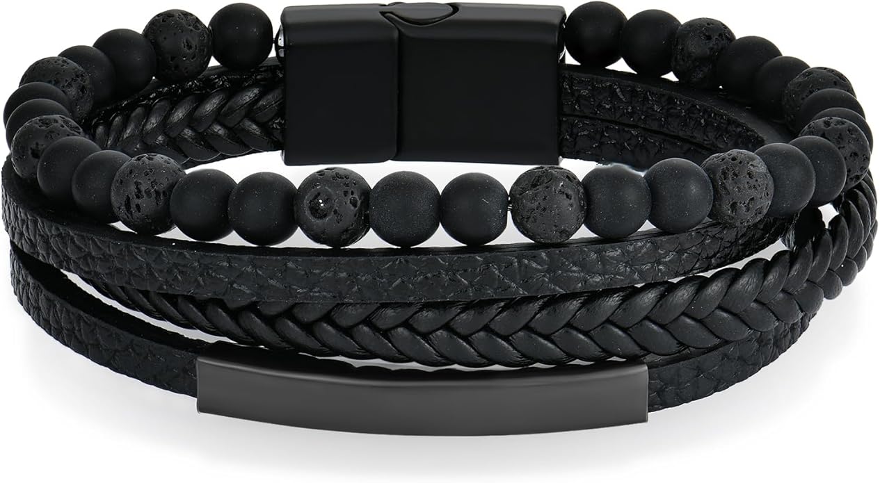 Mens Tiger Eye Matee Black Onyx Lava Rock Volcanic Stone Beaded Bracelet, Black Braided Leather Bracelet for Men