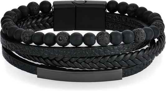 Mens Tiger Eye Matee Black Onyx Lava Rock Volcanic Stone Beaded Bracelet, Black Braided Leather Bracelet for Men