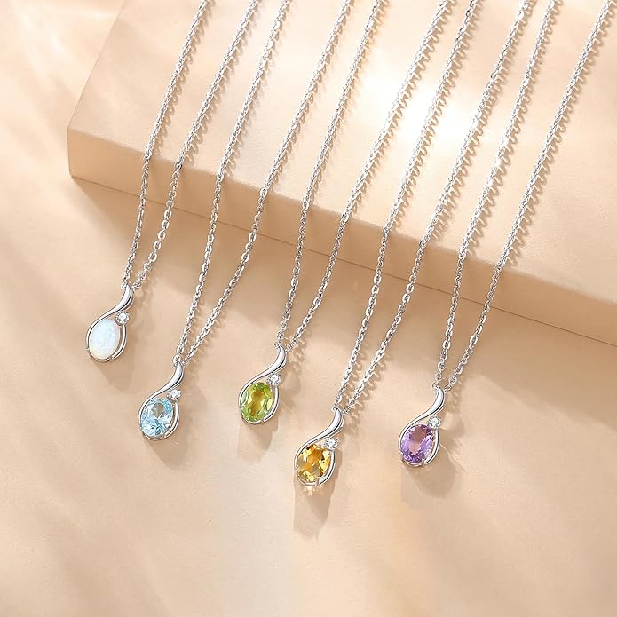 FANCIME 14K Solid White Gold Oval Gemstone Necklace with Diamond Pendant Gifts for Mom Women,16"+2" Inches