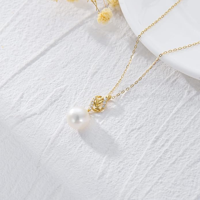 14k Gold Diamond Leaves Pearl Necklace for Women, Anniversary Jewelry for Wife, Birthday Gifts for Her (0.1ct Diamond, 9mm Freshwater Cultured Pearl), 16-18 Inch