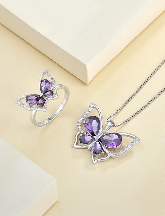 YL Women's Butterfly Necklace 925 Sterling Silver Flower Rose Pendant Birthstone Halo Jewelry