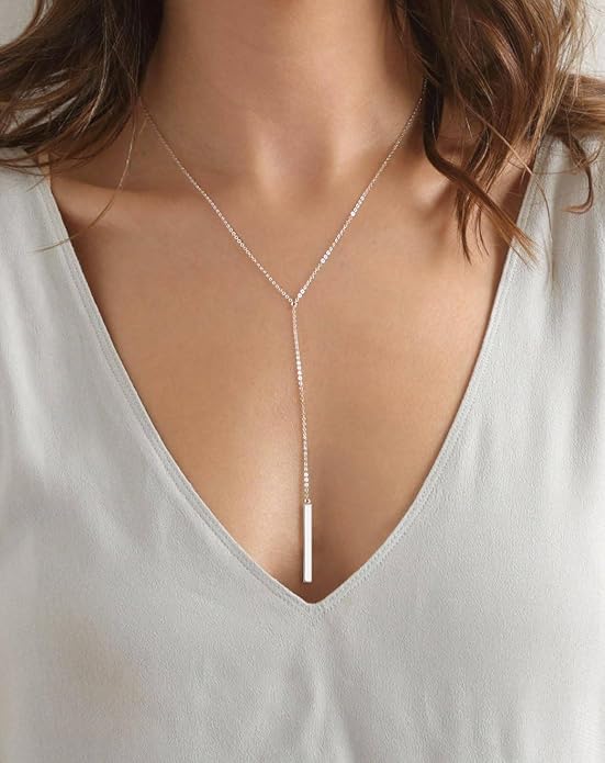 Metzakka Sterling Silver Lariat Necklace, Chic Minimalist Drop Bar Y Chain Necklace for Women