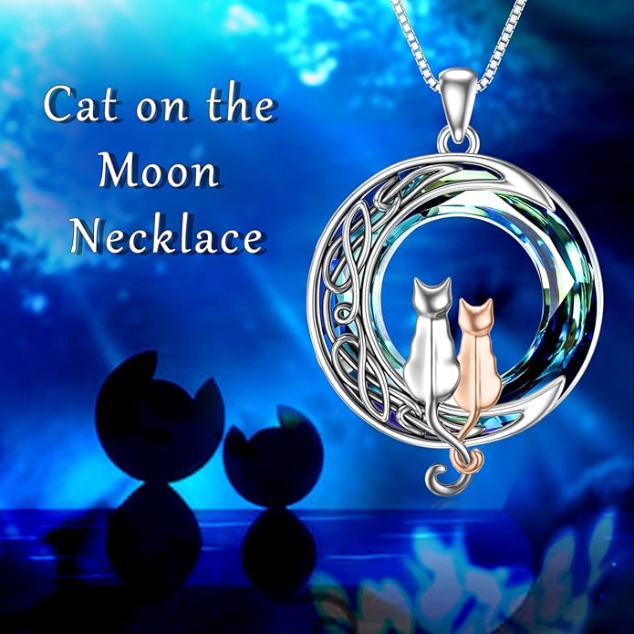 TOUPOP Christmas Cat Gifts for Cats Lovers One Two Three Four Cats Necklace Sterling Silver Cats on the Moon Pendant Necklace with Blue Circle Crystal Birthday Christmas Celtic Jewelry Gifts for Women