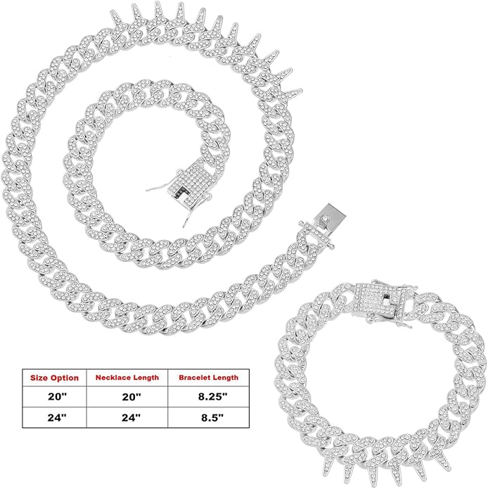 HH BLING EMPIRE Mens Gold Silver Plated Spike Cuban Link Chain Necklace and Bracelet Sets, Chunky Iced Out Diamond Miami Cuban Link Chains Hip Hop Jewelry